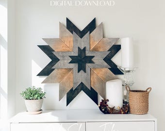 May include: A large, wooden starburst wall art piece with a geometric design. The star features a mix of gray, black, and natural wood tones. The text "DIGITAL DOWNLOAD" is visible at the top.