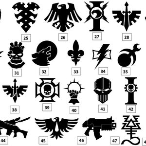 May include: Black and white graphic design illustrations of various symbols and logos. The images are numbered 24 through 48.