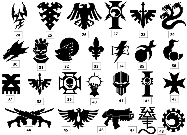 May include: Black and white graphic design illustrations of various symbols and logos. The images are numbered 24 through 48.
