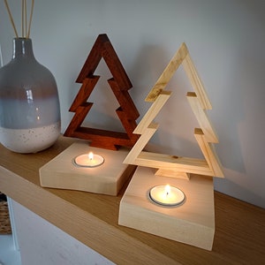 Handmade Wooden Christmas Tree Tealight Holder: Skandi Hygge Decor.