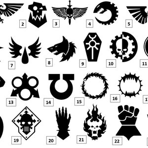 May include: A black and white image showing 23 different symbols. The symbols are numbered 1 through 23. The symbols are all different shapes and sizes. Some of the symbols are skulls, wings, and other abstract shapes.