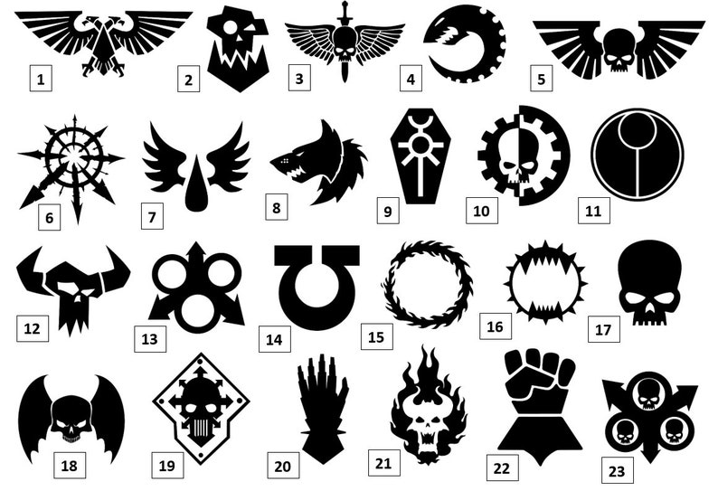 May include: A black and white image showing 23 different symbols. The symbols are numbered 1 through 23. The symbols are all different shapes and sizes. Some of the symbols are skulls, wings, and other abstract shapes.