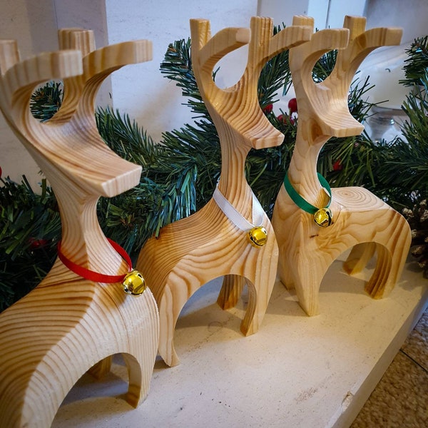 Wood Reindeer Decoration Ornament with Jingle Bell and ribbon. Christmas, rustic, cute, stag, gift, deer, Santa, Rudolph, skandi, handmade.