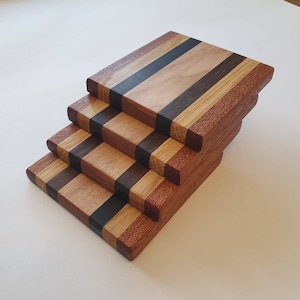 Wood Coaster Set With Holder Solid Wooden Coasters 4 Handmade Walnut Cherry  Oak Striped Fathers Day Housewarming Gift Idea for Men Unique 