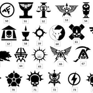 May include: Black and white illustrations of 74 different symbols. The symbols are numbered 49 through 74.