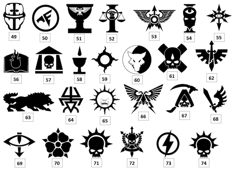 May include: Black and white illustrations of 74 different symbols. The symbols are numbered 49 through 74.