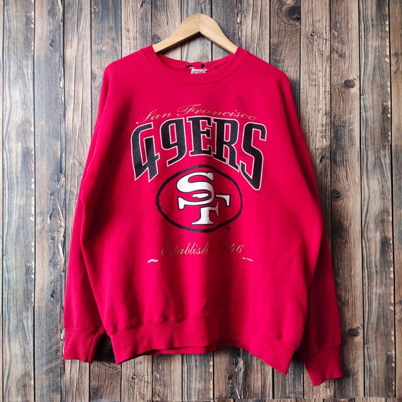 RARE Vintage 90s Distressed San Francisco 49ers Football by Nutmeg  Sweatshirt 49ers Crewneck 49ers Pullover Printed Logo Red Color Men Fit L