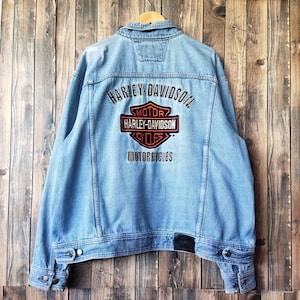 Vintage Distressed Harley Davidson Denim Jeans Jacket Harley Sweater Harley Pullover Harley Jeans Embroidery Logo Blue Color Men&#39;s 3XL
