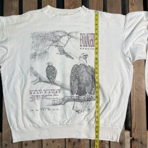 May include: White long-sleeve sweatshirt with a graphic of a bald eagle on a branch. The text "ENDANGERED SPECIES" and "NORTH AMERICAN BALD EAGLE" is printed on the shirt. The text "MOGINS NATURAL" is printed at the bottom of the shirt.
