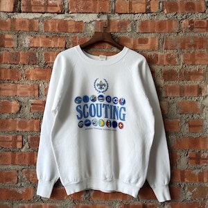 Vintage 80s Distressed Boy Scouts of America Sweatshirt Boy Scouts Crewneck  Boy Scouts Pullover Boy Printed Logo White Color Men’s Fit M
