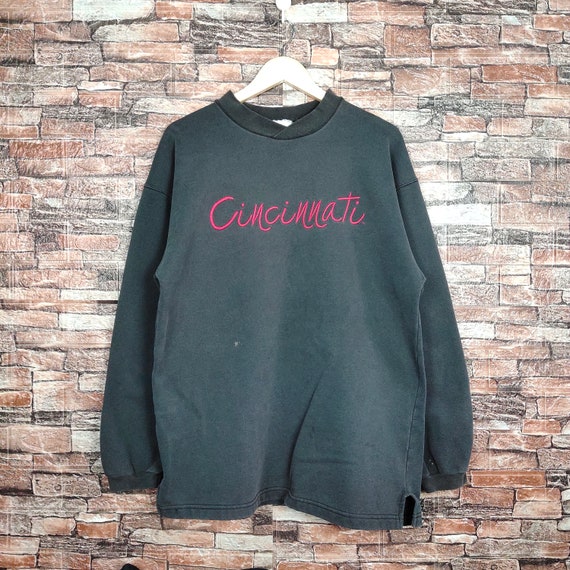 Vintage 90s Distressed Cincinnati Sweatshirt Cincinnati Crewneck Cincinnati Pullover Cincinnati Sweater Embroidery Logo Black Color Men’s M