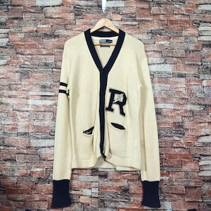 Vintage 90s Distressed Polo Ralph Lauren P Wing Cardigan Polo Knitwear Polo Pullover Polo Jumper Embroidery Logo Cream Color Men’s Fit M
