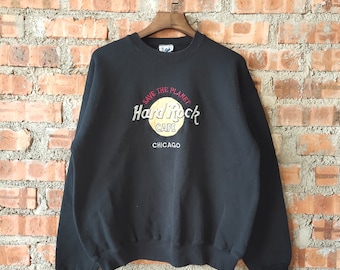 Vintage 90s Hard Rock Cafe Chicago Sweatshirt Hard Rock Crewneck Hard Rock Pullover Hard Rock Sweater Embroidery Logo Black Color Men Fit L