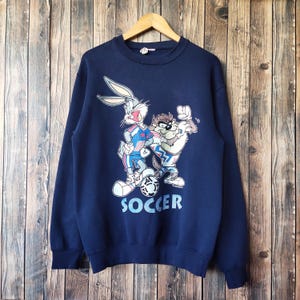 RARE Vintage 90s Distressed USA Soccer Warner Bros Sweatshirt USA Crewneck Usa Pullover Usa Sweater Printed Logo Blue Color Men&#39;s M