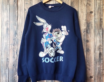 RARE Vintage 90s Distressed USA Soccer Warner Bros Sweatshirt USA Crewneck Usa Pullover Usa Sweater Printed Logo Blue Color Men's M