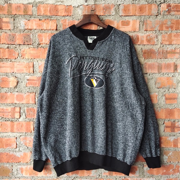 RARE Vintage 90s NHL Pittsburgh Penguins Hockey Ice by Lee Sport Sweatshirt Penguins Pullover Embroidery Logo Black, Gray Color Men's XXL