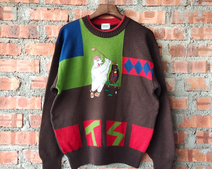 Vintage 90s Bear Golf Knitwear Golf Sweatshirt Golf Crewneck Golf Pullover Golf Jumper Golf Sweater Embroidery Logo Brown Color Men’s M