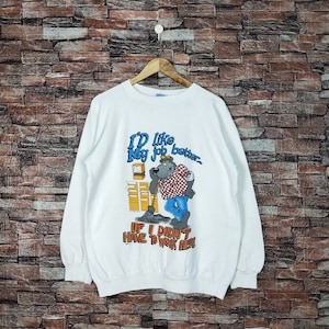 Vintage 80s Distressed Bear Wording Sweatshirt Bear Crewneck Bear Pullover Bear Jumper Bear Sweater Printed Logo White Color Men’s Fit M