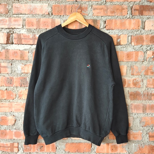 Vintage 90s Distressed Benetton Sweatshirt Benetton Crewneck Benetton Pullover Benetton Jumper Embroidery Logo Black Color Men's M