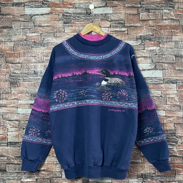 Vintage 90s Artisans Ducks Lake Nebagamon Sweatshirt Ducks Crewneck Ducks Pullover Ducks Sweater Printed Logo Blue Color Women’s Fit M