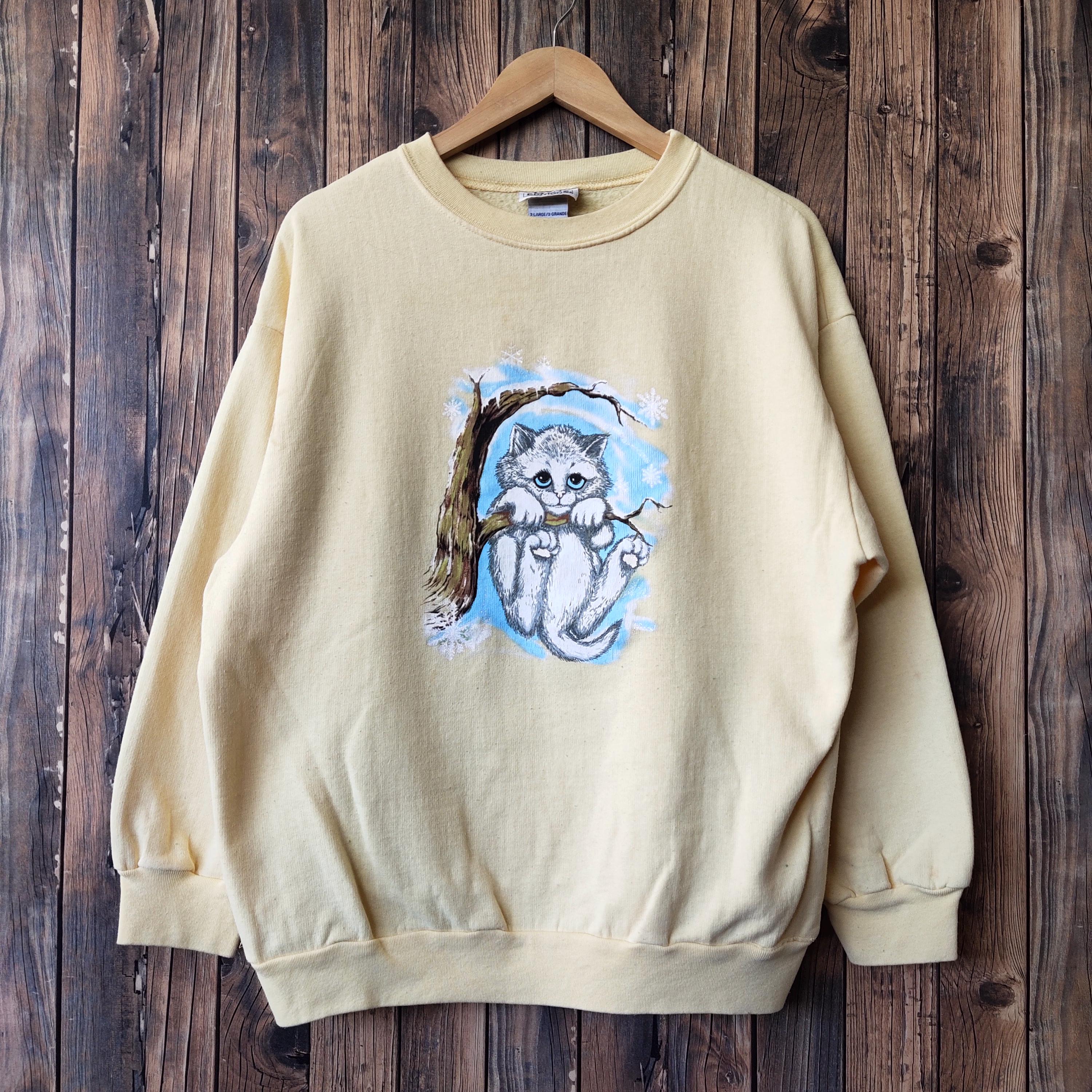 Vintage 90s Distressed Cat Sweatshirt Cat Crewneck Cat Pullover