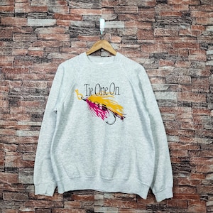 Vintage 80s Lures Fishing &quot; Tie One On&quot; Sweatshirt Fishing Crewneck Fishing Pullover Fishing Sweater Printed Logo Gray Color Men’s Fit M