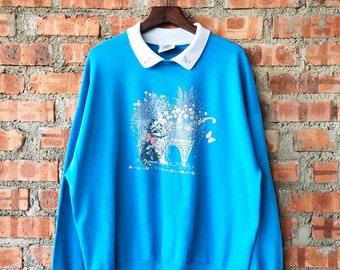 Vintage 90s Cat by Gopher Sport Sweatshirt Cat Crewneck Cat Pullover Cat Jumper Cat Sweater Printed Logo Blue Color Women’s Fit XXL