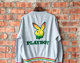 Vintage 90s Distressed Playboy Sweatshirt Playboy Crewneck Playboy Pullover Playboy Sweater Embroidery Logo Gray Color Men’s Fit M