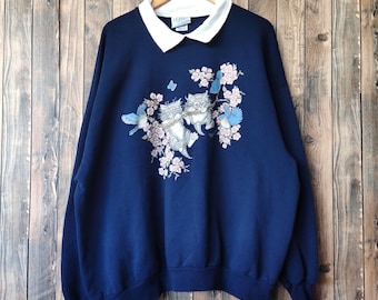 Vintage 90s Cat by Morning Sun Sweatshirt Cat Crewneck Cat Pullover Cat Jumper Cat Sweater Printed Logo Blue Color Women’s 3X
