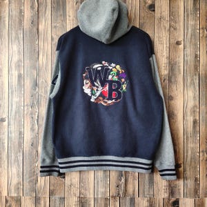 Vintage 90s Warner Bros Looney Tunes Full Character Jacket Warner Bros Hoodie Warner Bros Fleece Embroidery Logo Gray Color Men's M