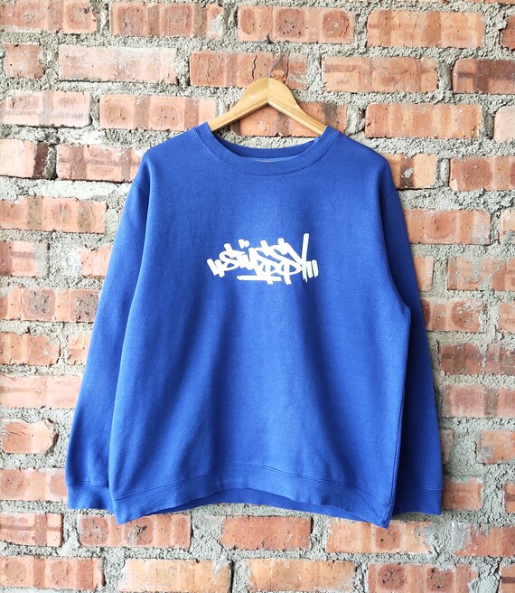 Vintage Stussy Graffiti Sweatshirt Stussy Crewneck Stussy Pullover Stussy Jumper Stussy Sweater Printed Logo Blue Color Mens M Etsy Canada