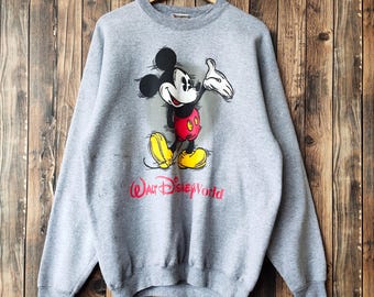 Vintage 90s Distressed Mickey Mouse Disneyland Sweatshirt Mickey Crewneck Mickey Pullover Mickey Sweater Printed Logo Gray Color Men’s L