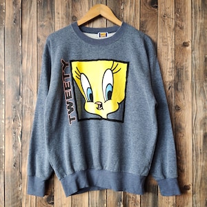 Sudadera vintage de los 90 con diseño desgastado de Tweety Bird Warner Bros., cuello redondo, jersey de Tweety, suéter de Tweety con logotipo estampado, color gris, talla M para hombre