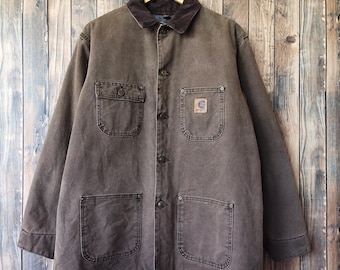 Chaqueta Carhartt vintage de los años 90 con forro de manta, jersey Carhartt, suéter Carhartt con parche del logotipo, color marrón, para hombre, talla M