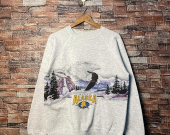 Vintage 80er Jahre Weißkopfseeadler Alaska Sweatshirt Adler Crewneck Adler Pullover Adler Pullover Gedruckt Logo Grau Farbe Herren Fit M