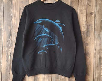 Vintage 80s Dolphin Alaska Sweatshirt Alaska Crewneck Alaska Pullover Alaska Jumper Alaska Sweater Printed Logo Black Color Men’s Fit M