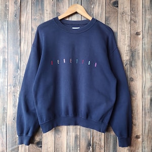 Vintage 90s Distressed Benetton Sweatshirt Benetton Crewneck Benetton Pullover Benetton Sweater Embroidery Logo Blue Color Men&#39;s Fit S
