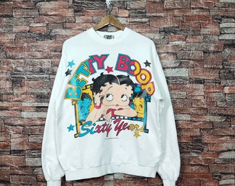 Vintage 90s Distressed Betty Boop Sweatshirt Betty Boop Crewneck Betty Boop Pullover Betty Boop Sweater Printed logo White Color Men&#39;s M
