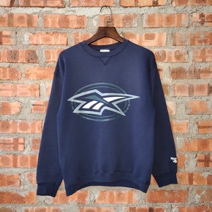 Vintage 90s Distressed Reebok Sweatshirt Reebok Crewneck Reebok Pullover Reebok Jumper Reebok Sweater Printed Logo Blue Color Men’s M
