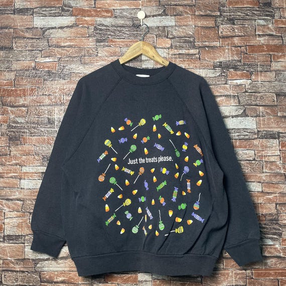 Vintage 80s Candy "Just The Treats Please" Sweatshirt Candy Crewneck Candy Pullover Candy Sweater Printed Logo Black Color Men’s Fit M