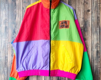 RARE Vintage 90er Jahre Jams World Honolulu Hawaii Mehrfarbige Jacke Jams World Full-Zip Jams World Sweater Patch Logo Rote Farbe Herren XL