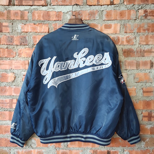 RARE Vintage 90s Distressed New York Yankees Satin Jacket by Logo Athletic Yankees Sweater Yankees Pullover Embroidery Logo Blue Color Men L