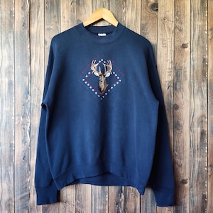 Vintage 90s Whitetail Deer Sweatshirt Deer Crewneck Deer Pullover Deer Jumper Deer Sweater Printed Logo Blue Color Men’s Fit M