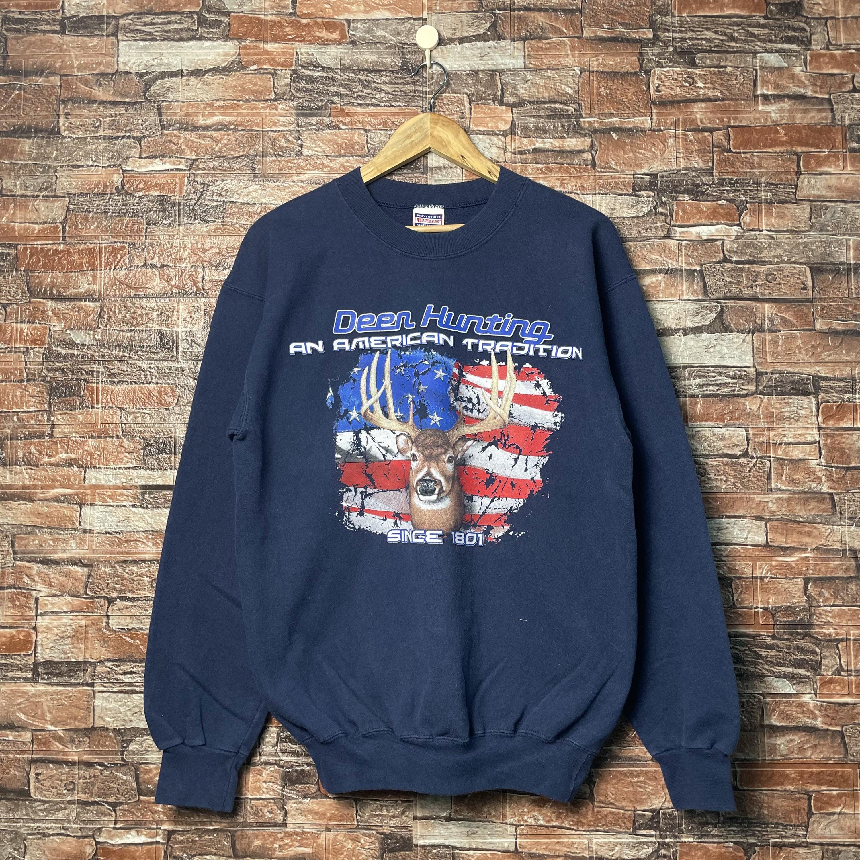 Vintage Whitetail Deer Hunting Sweatshirt Deer Crewneck Deer Pullover Deer Jumper Deer Sweater Printed Logo Blue Color Men’s M