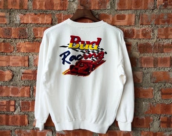 Vintage 90er Jahre Budweiser Racing Sweatshirt Budweiser Crewneck Budweiser Pullover Budweiser Sweater Gedruckt Logo Weiß Farbe Herren S
