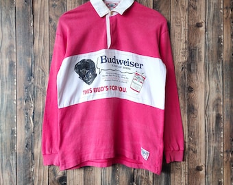 Vintage 90s Distressed Budweiser Long Sleeve Rugby Shirt Budweiser Collared Budweiser Pullover Budweiser Tees Printed Logo Red Color Men's M