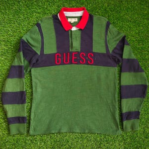 Vintage Guess Jeans Rugby Long Sleeve Shirt Guess Button Up Guess Striped Guess Tees Embroidery Logo Green Color Men's M