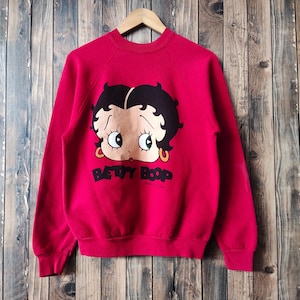 Vintage 90s Distressed Betty Boop Sweatshirt Betty Boop Crewneck Betty Boop Pullover Betty Boop Sweater Printed Logo Red Color Men&#39;s Fit S