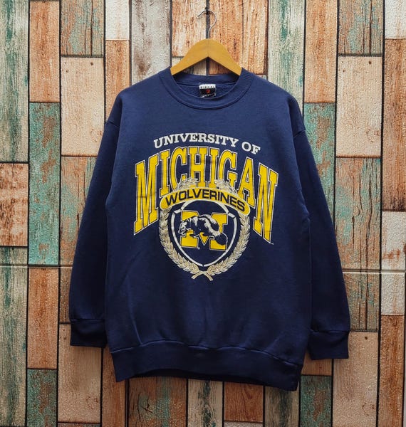 Vintage 90s Michigan Wolverines Sweatshirt Michigan Crewneck Michigan Pullover Michigan Sweater Printed Logo Blue Color Men's Fit M