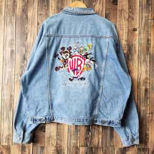 Vintage 90s Distressed Warner Bros Denim Jeans Jacket Warner Bros Sweater Warner Bros Pullover Embroidery Logo Blue Color Men&#39;s XXL
